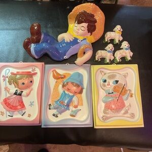 VINTAGE CHILDREN’S CERAMICS &  MARY BLAIR WHIMSICAL PLASTIC WALL ART 1950’s